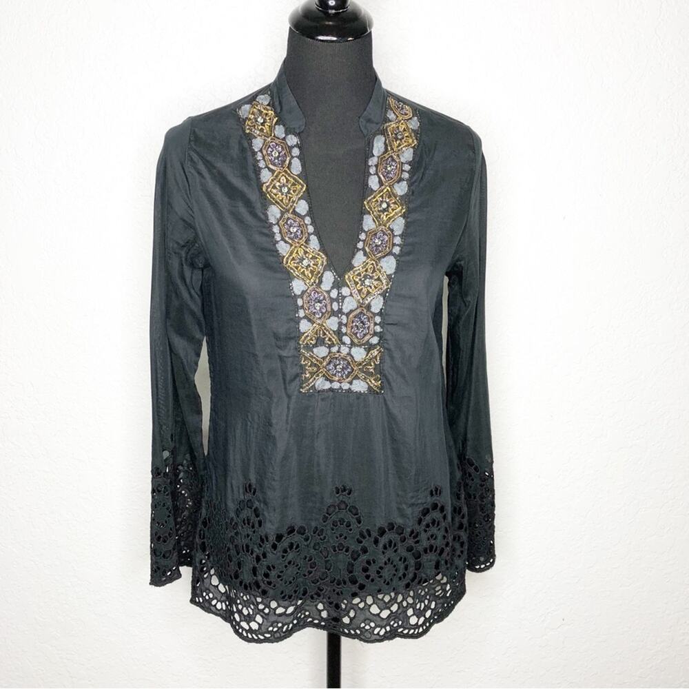 Hale Bob Cabana black beaded eyelet hem silk blend top size Extra Small XS
